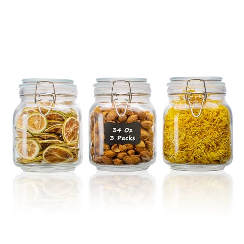 34oz Square Glass Food Storage Jars with Airtight Clamp Lids, 3 Pack Large Kitchen Canisters for Flour, Cereal, Coffee, Pasta and Canning, Mason Jar (Clear 34oz Square - 3 sets) - color: Clear 34oz Square - 3 sets