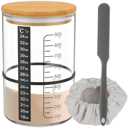 Mimoyalaso Sourdough Starter Jar Kit, 900ml Glass Jar with Scale Thermometer Paper, Temperature Resistant Sourdough Starter Container with Spatula, Cloth Cover & Lid for Sour Dough Bread Loaf