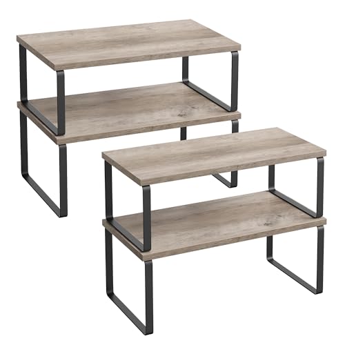 SONGMICS Cabinet Organizer Shelf, Set of 4 Kitchen Counter Shelves, Kitchen Storage, Spice Rack, Stackable, Expandable, Metal and Engineered Wood, Ink Black and Heather Greige UKCS022X02 - color: Ink Black + Heather Greige, size: 15.6"W