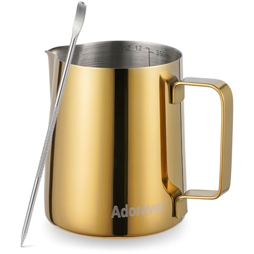 Milk Frothing Pitcher, 350ml (12oz) Steaming Pitchers Stainless Steel Milk Coffee Cappuccino Latte Art Barista Steam Pitchers Milk Jug Cup with Decorating Art Pen, Gold - color: F Gold, size: 12 Ounces