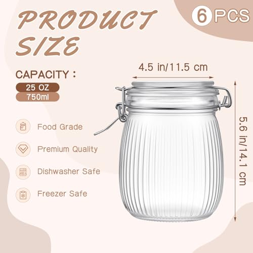 25 oz Wide Mouth Glass Mason Jars with Airtight Lid 6 Pack, Glass Canister, Striped Clip Fastening Jar for Kitchen Storage Canning, Oat, Coffee, Pasta, Snack, Nut, Candy and Pickling Food - size: 25oz
