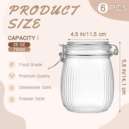 25 oz Wide Mouth Glass Mason Jars with Airtight Lid 6 Pack, Glass Canister, Striped Clip Fastening Jar for Kitchen Storage Canning, Oat, Coffee, Pasta, Snack, Nut, Candy and Pickling Food - size: 25oz