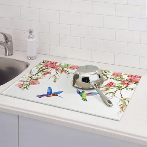 Hummingbird Butterfly Magnolia Dish Drying Mat For Kitchen Counter, Super Absorbent Microfiber Dish Drying Pad, Kitchen Gadgets For Easy Clean Multi-Use Large 18"x24" - color: Hummingbird Butterfly Magnolia