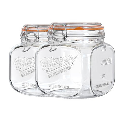2 Pack Half Gallon Mason Jar with Hinged Lid, Wide Mouth Glass Canisters for Food Storage, Cookie, Flour, Candy, Coffee, Pickle - 64 Oz Glass Jar with Lid - 2 Scale Marks & Vintage Mason Jars