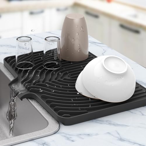 Silicone Dish Drying Mat for Kitchen Counter , Dish Drying Rack Matt with Built in Drain, 18 Inch dish Dry Mats for Kitchen Counter,Bumps up sinks Applicable (18×12inch Extra Raised, black) - color: Black, style: 18×12inch Extra Raised