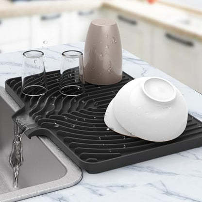 Silicone Dish Drying Mat for Kitchen Counter , Dish Drying Rack Matt with Built in Drain, 18 Inch dish Dry Mats for Kitchen Counter,Bumps up sinks Applicable (18×12inch Extra Raised, black) - color: Black, style: 18×12inch Extra Raised