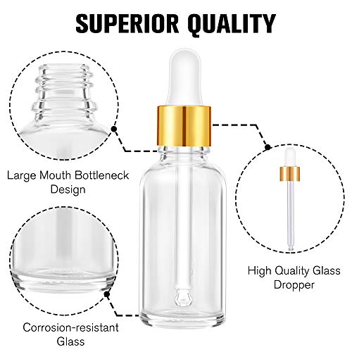 PrettyCare 2 oz Dropper Bottles, 4 Pack Clear Glass Bottles 60ml with Golden Caps, 12 Labels, Funnel & Measured Pipettes-Empty Tincture for Essential Oils & Skincare - color: 2oz Clear, style: 4 Pack