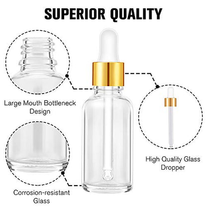 PrettyCare Glass Eye Dropper Bottles 2oz (60ml), 12 Pcs Clear Empty Thick Bottles Bulk with Leakproof Golden Caps - With Labels & Funnels for for Storage, Travel,Essential Oils, DIY Serums, Tincture - color: 2oz Clear, style: 12 Pack