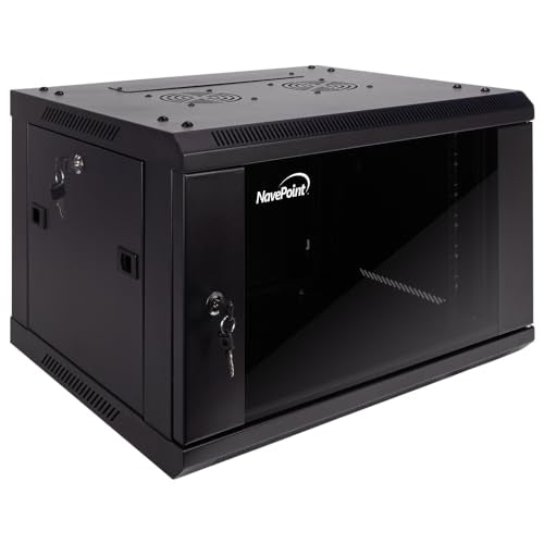 NavePoint 6U Server Cabinet Wall Mount Rack Enclosure Includes 2 Fans, Locking Glass Door, Removable Side Panels – 6U Network Cabinet 17.7” Deep, 19 Inch Server Rack for IT and A/V Equipment - size: 6U - 450mm Depth