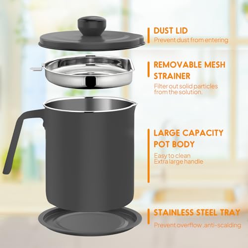 Chihee Grease Container Stainless Steel 2L / 67.6 fl oz Fine Mesh Strainer | Easy to Clean Large Spout Bacon Grease Saver Cooking Oil Keeper Stoarge Can with Dust-proof Lid Non-slip Tray Kitchen Frying - color: Gray(2L)