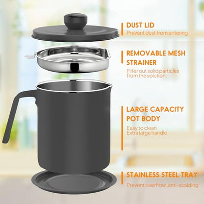 Chihee Grease Container Stainless Steel 2L / 67.6 fl oz Fine Mesh Strainer | Easy to Clean Large Spout Bacon Grease Saver Cooking Oil Keeper Stoarge Can with Dust-proof Lid Non-slip Tray Kitchen Frying - color: Gray(2L)