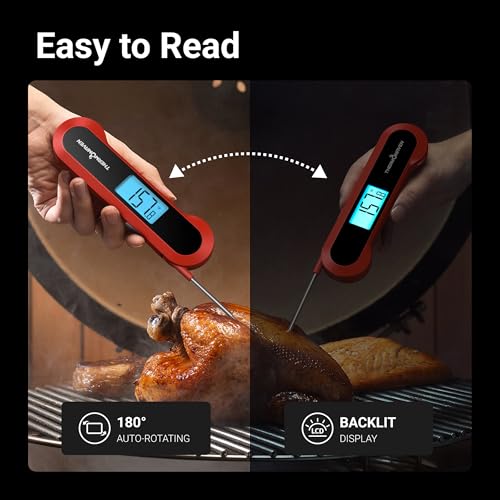 Professional 0.5 Sec Instant Read Meat Thermometer Digital, NIST Certified ±0.5℉ Accuracy, Auto Rotate Large LCD Display, Highly Waterproof Cooking Thermometer for Baking Grill BBQ Smoker Oven, Red