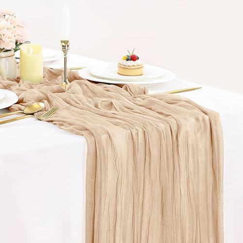 Champagne Cheesecloth Table Runner 35x120 Inches, Summer Cheese Cloth Table Runner 10ft Boho Sheer Gauze Runner Long for Bridal Shower Wedding Baby Shower Parties Decor - color: Champagne, size: 10ft x 1pc