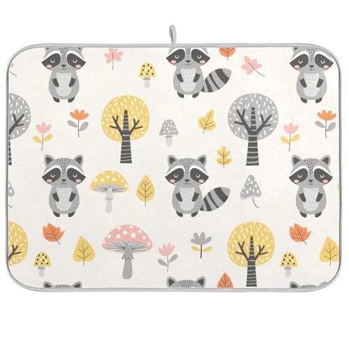 Raccoon Tree Mushroom Dish Drying Mat for Kitchen Counter Super Absorbent Draining Mat with Non-slip Backed Sink Tray Mat for Sinks Countertops Draining Racks Dish Bottles Cups Bowl