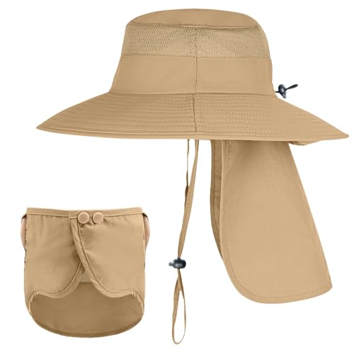 Sun Hats for Men Women Fishing Hat UPF 50+ Breathable Wide Brim Bucket Hats Summer UV Protection Safari Hat with Neck Flap - color: Khaki (With Face Cover)
