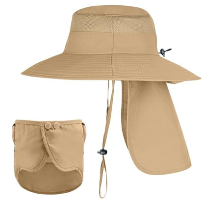 Sun Hats for Men Women Fishing Hat UPF 50+ Breathable Wide Brim Bucket Hats Summer UV Protection Safari Hat with Neck Flap - color: Khaki (With Face Cover)
