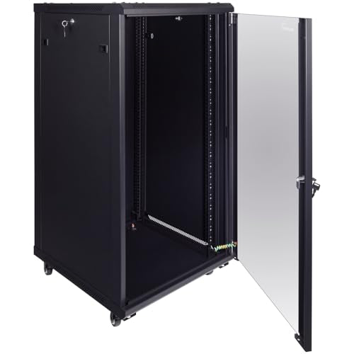 NavePoint 22U Server Cabinet Wall Mount Rack Enclosure with Caster Wheels, 2 Fans, Locking Glass Door, Removable Side Panels – 22U Network Cabinet 23.6” Deep, 19” Server Rack for A/V Equipment - size: 22U - 600mm Depth
