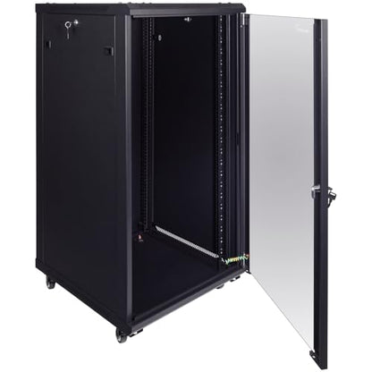 NavePoint 22U Server Cabinet Wall Mount Rack Enclosure with Caster Wheels, 2 Fans, Locking Glass Door, Removable Side Panels – 22U Network Cabinet 23.6” Deep, 19” Server Rack for A/V Equipment - size: 22U - 600mm Depth