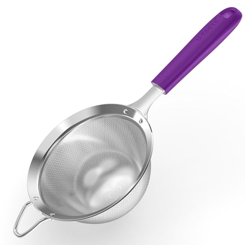 U-Taste Medium Fine Mesh Strainer: 18/8 Stainless Steel 4.73in 30 Mesh Kitchen Food Sieve with Sturdy Riveted Silicone Handle, Heavy Duty Deep Handheld Metal Colander for Rice, Quinoa, Flour (Purple) - color: (5) Purple, size: M-4.73in
