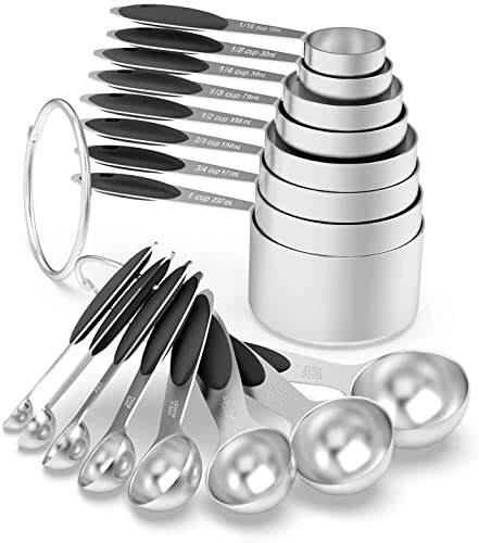 Measuring Cups & Spoons Set of 16, Wildone Stainless Steel Measuring Cups and Measuring Spoons with Black Silicone Handle, Including 8 Nesting Cups, 8 Spoons, for Dry and Liquid Ingredient - color: Black