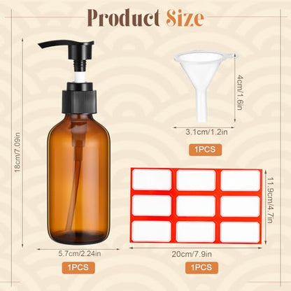 Fumete 2 Pack Glass Bottles 4oz Empty Refillable Liquid Containers with 1 Label 1 Funnel for Essential Oils Hair Travel Plants Cleaning Skin Care(Amber, Black Top,Pump Bottle) - color: Amber, Black Top, style: Pump Bottle