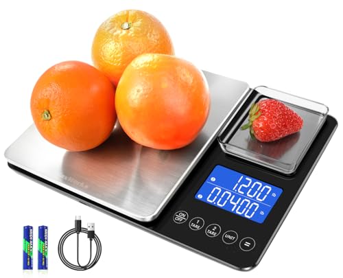 MaxWorks Precision Dual Platform Kitchen Scale Measure Bulk and Fine Ingredients Simultaneously 22 lb Max Capacity Stainless Steel and Glass Digital Scale with USB Charging and 2 Way Power (51069)