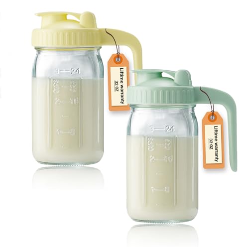32oz Glass Pitcher with Lid & V-shaped Pour Spout - 1 Quart Double Leak Proof, Creamer Container for Sun Tea, Juice, Cold Brew Coffee, Breastmilk Storage Container - color: Green+Yellow, size: 32 Ounces
