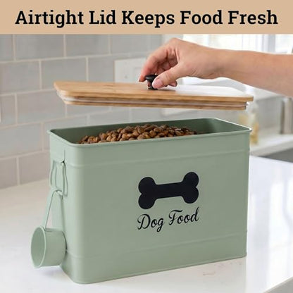 Dog Food Container Airtight Bamboo Lid 15-20 lb Sturdy Metal Handle 70 Cups | Pet Jar For Dogs up to 100lbs, Airtight Bamboo Lid, Sturdy Comfortable Metal Handle, Powder Coated Iron, Kibble Storage Bin - color: Sage Green