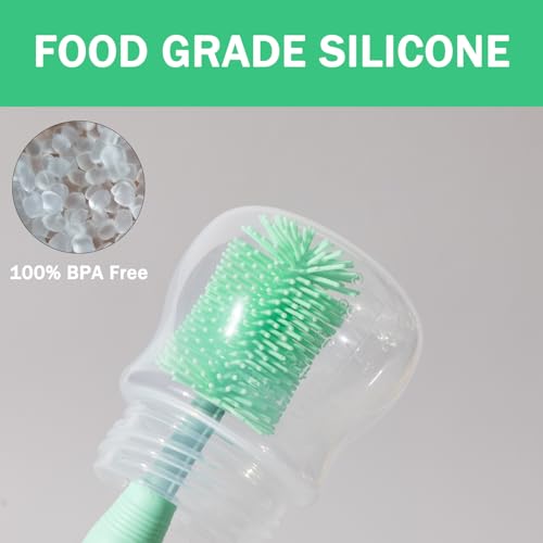 Travel Bottle Brush, 6-in-1 Portable Travel Bottle Cleaner Kit with Small Bottle Brush Built in Drying Rack, Nipple Brush, Straw Brush, Soap Dispenser, for Baby Bottles Under 8 OZ, BPA-Free(Green) - color: Green