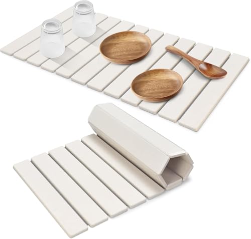 Extral Large Stone Dish Drying Mats for Kitchen Counter, 28"(L)×16"(W) Quick Dry Dish Drying Mat, Collapsible Eco-Friendly Absorbent Diatomaceous Earth Mat for Dishes Cups, Match Any Countertop - color: White, size: 28" x 16"