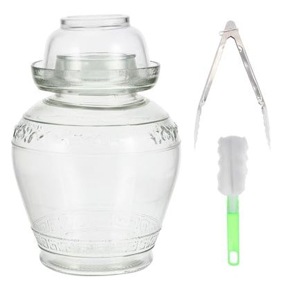 DECHOUS Glass Pickle Jar Set 5lb with Airtight Water Seal Lid, Thickened Glass Sauerkraut Fermentation Crock for Household Food Storage, Includes Inner Lid, Brush, and Tongs for Kitchen