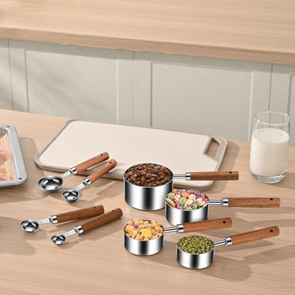 Wooden Handle Measuring Cups & Spoons Set 8-Piece – Stainless Steel, Stackable, Rustic Farmhouse Kitchen Gadgets, Non-Toxic, Dishwasher Safe, Gift for Bakers & New Homeowners. - size: Silver-wood handle