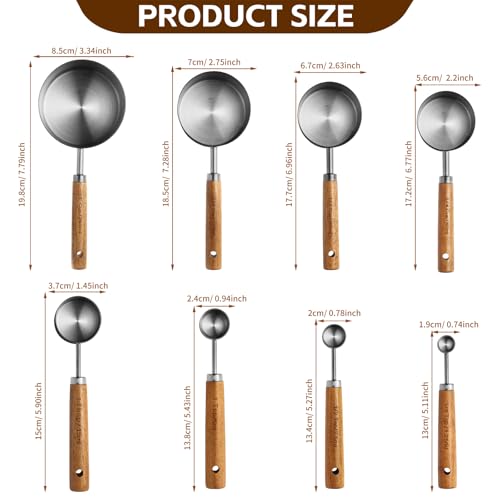 Measuring Cups and Spoons Set，Measuring Cup Set with Wooden Handle and Metric and US Measurements，Silver Polished Finish，for Cooking and Baking in The Kitchen (8 Piece) - color: Silver