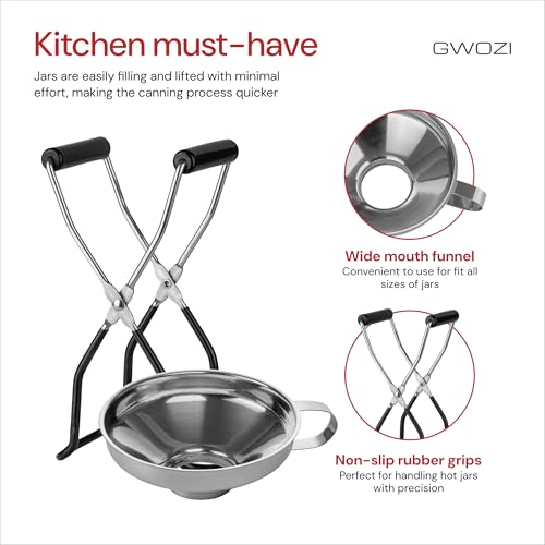 Canning Tongs Jar Lifter & Canning Funnel with Wide Mouth, Set of 2 - All Size Canning Jar Lifter with Rubber Grips - Canning Jar Lifter Tongs Secure Grip, Stainless Steel