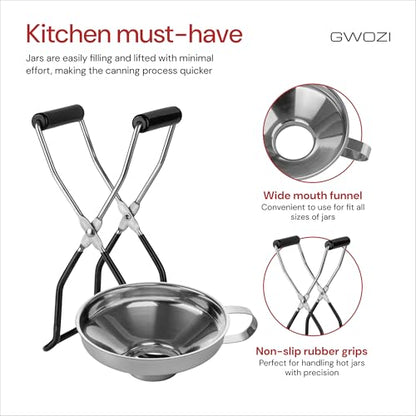 Canning Tongs Jar Lifter & Canning Funnel with Wide Mouth, Set of 2 - All Size Canning Jar Lifter with Rubber Grips - Canning Jar Lifter Tongs Secure Grip, Stainless Steel