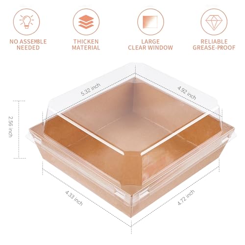 Ocmoiy Charcuterie Boxes with Clear Lids, 5 Inches, 50 Pack, Brown | To Go Paper Food Containers, Disposable Bakery Dessert Boxes, For Sandwich, Cookie, Pastry, Cake Slice - color: Brown