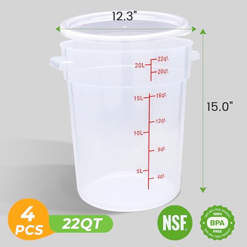 BIEAMA 4 Pack 22 Qt Round Food Storage Containers with Lids, Translucent PP | Include lids, labels, measuring cups and containers with capacity markings for food prep, pantry storage and dough proofing. - color: 22Qt Round-4 Pack