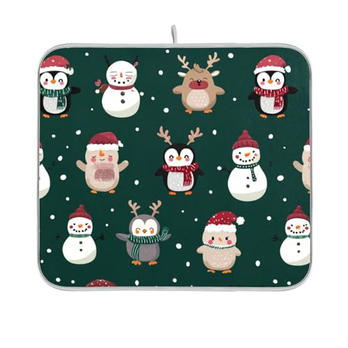 Christmas Penguins Snowmen Green Dish Drying Mat for Kitchen Counter Drainer Rack Mats for Dishes Washable Absorbent Draining Heat Resistant Pad for Countertop 16 x 18 - color: Christmas Penguins Snowmen Green, size: 16'' x 18''