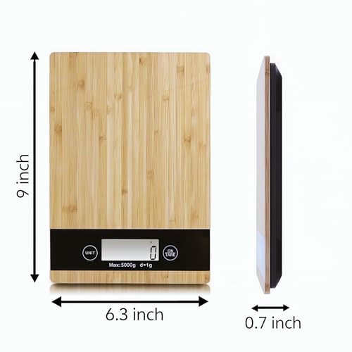 Digital Kitchen Scale with Bamboo Surface – 11lb/5kg Capacity, Touch Buttons, Tare Function, LCD Display, Auto-Off