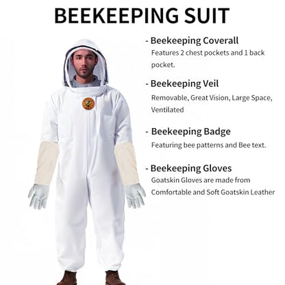 Professional Beekeeping Suit with Gloves – Full-Body Protection, Breathable Fabric, Adjustable Hood – Beekeeper Outfit for Men & Women (Includes Goatskin Gloves) XL for 5'7"-5'11"