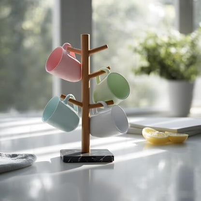 Buruis Wood Mug Holder, Marble Base Cup Rack Tree, Kitchen Coffee Mug Tree Countertop Tea Cups Holder Stand, Coffee Cup Dryer with 6 Hooks (Black) - color: Square base Black