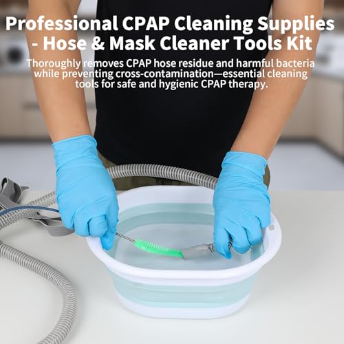 CPAP Cleaner Kit - Dedicated Basin & Flexible Tube Brush | CPAP cleaning kit: dedicated basin, long brush, drying hook, gloves & mask tool. BPA-free. Fits all tubing.