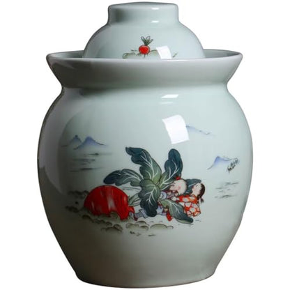 Chinese Jingdezhen Ceramics Pickle Jar, Water-Sealed Traditional Fermentation Crock, Spicy Radish Pattern Kimchi Jar, Artistic Decoration(3.5kg) - size: 3.5kg