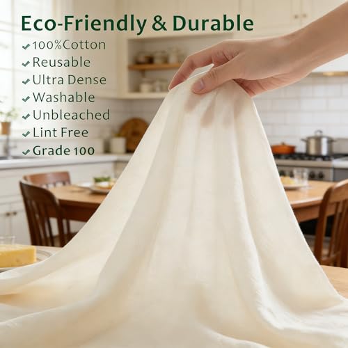 Grade 100 Cheesecloth, 32x32 Inch Ultra-Fine Mesh Unbleached Cotton Muslin for Straining, Cooking, Cheese Making, Reusable Hemmed Edges Food Safe Fabric