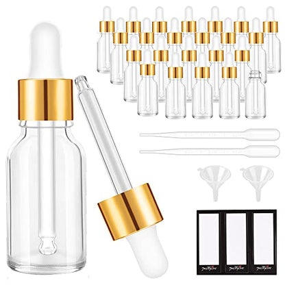 PrettyCare Glass Eye Dropper Bottles 24 Pack, 0.5oz (15ml) Clear Empty Thick Bottles Bulk with Leakproof Golden Caps - With Labels & Funnels for Storage, Travel, Essential Oils, Cuticle, Tinctures - color: 0.5oz Clear, style: 24 Pack