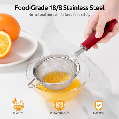 U-Taste Small Fine Mesh Strainer: 18/8 Stainless Steel 3.35in 30 Mesh Kitchen Food Sieve with Sturdy Riveted Silicone Handle, Heavy Duty Deep Handheld Metal Colander for Tea, Juice (Red) - color: (4) Red, size: S-3.35in