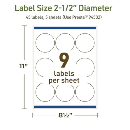 Avery Dissolvable Round Labels, Sure Feed Technology, 2.5" Diameter, Matte White, Print-to-The-Edge, Laser/Inkjet Printable, 45 Labels Total - style: 45 labels