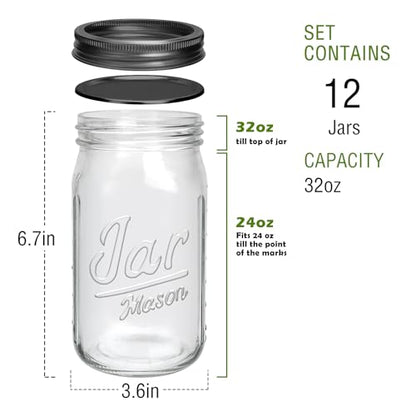 QAPPDA Wide Mouth Mason Jars 32 oz 12 Pack, Canning Jar Large Glass Jars with Two Pieces Lids for Pickling, Storage Food, Meal Prep, Jams, and Spices - size: 32oz - Jar Split