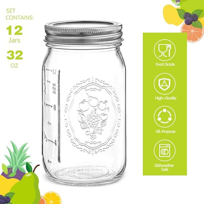 Esrentle Mason Jars 32 oz Wide Mouth - 12 Pack Quart Glass Mason Jars with Airtight Lids and Bands for Canning, Pickling, Food Storage, Fermenting, Leak Proof, Reusable - color: 32 oz-12Pack-Fruit
