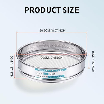 PATIKIL 14 Mesh(1.43mm) Lab Sieve, 7.9"(20cm) Diameter Sifting Screen 304 Stainless Steel Wire Cloth Fine Mesh Sieve for Industrial Laboratory Home Soil Sifter Dry Sift Screens Hash - size: 14 Mesh(1.43mm)/7.9"